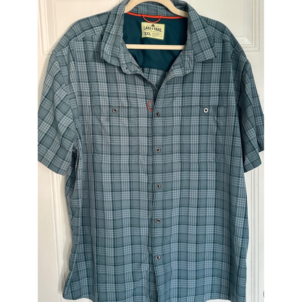 Lake & Trail Mens XXL Blue Plaid Short Sleeve Outdoor Hiking Button Down Shirt
